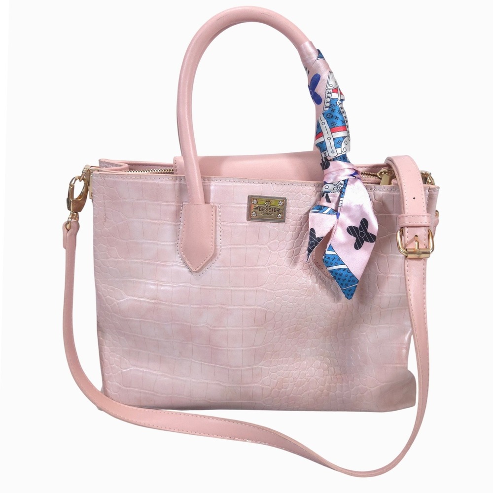 Bessie London Croc Embossed Satchel Crossbody Bag w/ Scarf Pink Coquette Preppy
